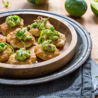 Prawn Cakes with Green Curry Pea Puree
