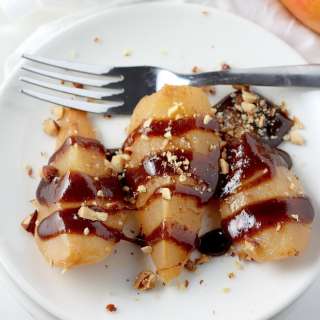 Chai Tea Latte Poached Pears with Salted Caramel Sauce