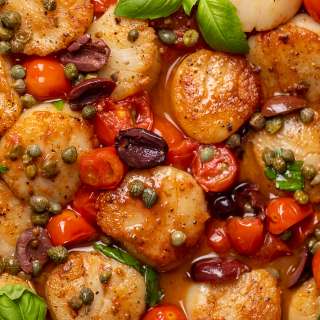 Pan Seared Scallops with Tomatoes, Olives, and Capers