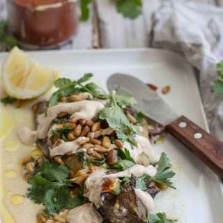 Smoked Eggplant with Yoghurt Sauce and Pinenuts