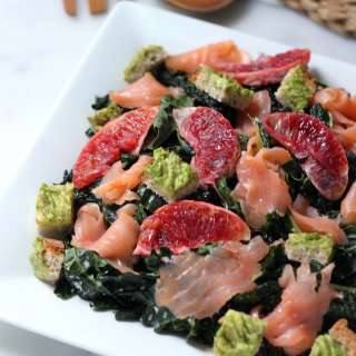 Smoked Salmon and Blood Orange Kale Salad with Avocado Toast Croutons