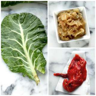 Collard Burritos with Roasted Red Pepper “Fried Rice”, Butter Beans, and Caramelized Onions