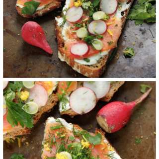 Smoked Salmon Tartines with Fresh Herbs, Radishes, and Creamy Wasabi Spread