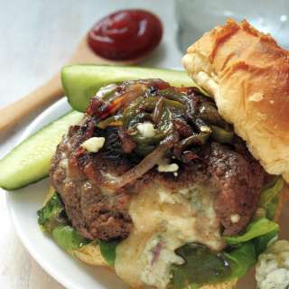 Blue Cheese Stuffed Burgers with Caramelized Onions and Jalapeños