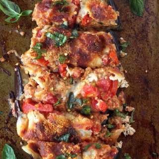 Skinny Sausage Parmesan Stuffed Eggplant