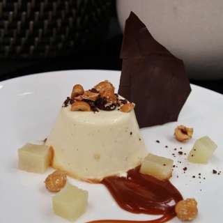 Mascarpone Pannacotta, Salted Caramel, Pears and Hazelnuts