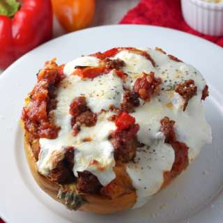 Italian Sausage, Pepper, and Onion Stuffed Spaghetti Squash Boats