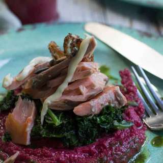 Smoked Ocean Trout, Beetroot Hummus and Lemon Kale