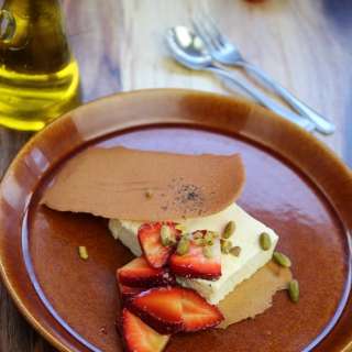 Olive Oil Semifreddo, Balsamic Strawberries and Black Pepper Tuiles