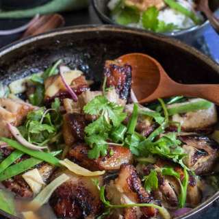 Easy Caramelised Pork Belly bamboo shoots coriander