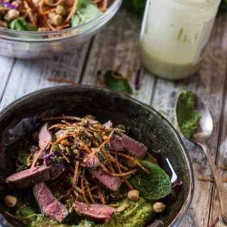 Mint Hummus,Lamb and crunchy carrot salad