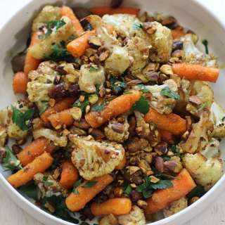 Spice Roast Cauliflower, Baby Carrot and Olive Salad with honey, lemon, pistachio dressing
