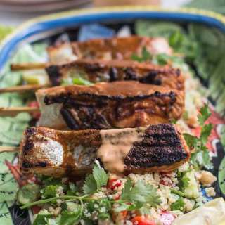Spiced Salmon Skewers , Quinoa Chickpea salad