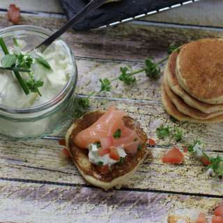 Baby Corn Pikelets , Smoked salmon and sour cream
