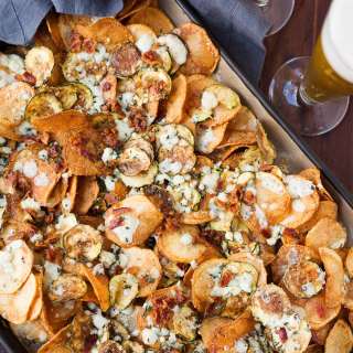 Potato and Zucchini Chips with Bacon, Gorgonzola, and Thyme