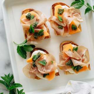 Melon and Prosciutto Toast with Mint Pesto