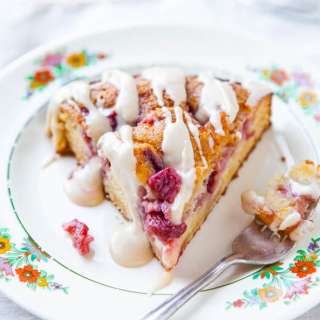 Strawberries and Cream Coffee Cake with Vanilla Cream Cheese Glaze