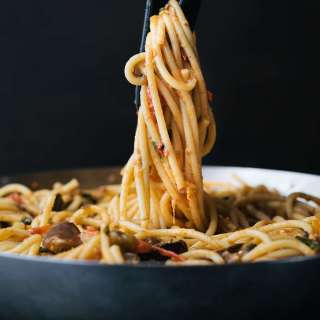 Bucatini with Roasted Eggplant and Cherry Tomato Sauce