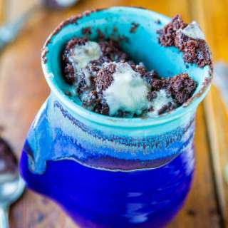 Fudgy Chocolate Brownie Microwave Mugcake with Vanilla Glaze