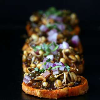 Sweet Potato Canapes with BBQ Mung Bean Sprouts