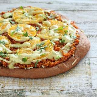 Quinoa Sloppy Joes Pizza with Rye Crust, Orange slices, Jalapeno Aioli. vegan recipe