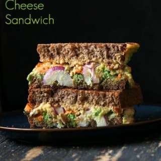 Grilled Nacho Cashew Millet Cheese Sandwich with Roasted Sweet Potato, Pea Pesto. Vegan Recipe
