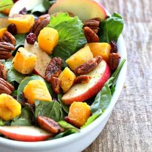 Roasted Butternut Squash Apple Cranberry Salad with harrissa Spiced Pecans