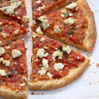 Pizza with Chipotle Red lentil Tomato Sauce, Basil and Vegan Ricotta