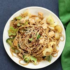 Tofu Broccoli Bok Choy Stir fry with Garlic Sesame Soy Sauce and Soba Noodles. Vegan Recipe