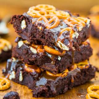 Salted Caramel Pretzel-Topped Fudgy Brownies