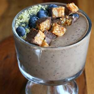 Blueberry Hazelnut Chocolate Hemp Smoothie bowl with Chocolate Peanut Butter Cup Snack bars.