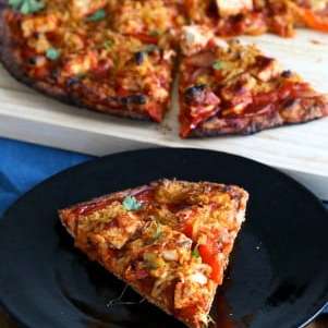 Sriracha BBQ Tofu Pizza with Pepper Jack on Spelt Crust. Vegan Recipe