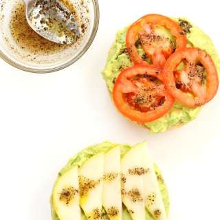Bagel Avocado Toast with Pears, Tomato & Mediterranean Garlic Lemon olive oil dressing