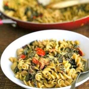 Zesty Pesto Pasta with Rainbow Chard, Zucchini, Red bell pepper