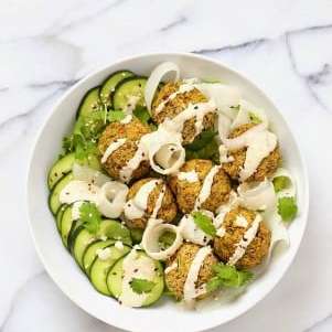 Baked Lentil Split Pea Falafel Bowl with Tahini dressing. Gluten-free Soy-free Recipe