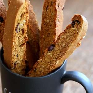 Vegan Gingerbread Biscotti with cranberries, almonds, candied ginger