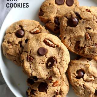 Vegan Paleo Grain free Chocolate Chip Cookies with Coconut flour and Almond Butter.