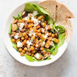 Roasted Eggplant Potatoes Chickpeas with Moroccan Merguez seasoning