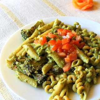 Penne with Basil Cashew Pesto, Asparagus and Red Bell Pepper