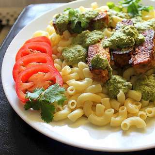 Pasta with Spicy Blackened Tempeh and Cilantro Almond Pesto