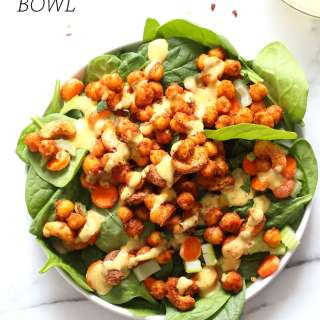 Sriracha Chickpeas, Cashews, Spinach Bowl with Ranch Curry Dressing
