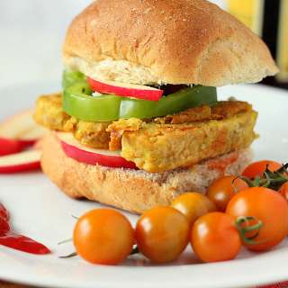 Tempeh Chickpea Fritter Patty Burger. Vegan