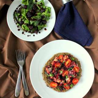Black-eyed Pea Pizza crust, Blackberry Tomato chutney w/ Cauliflower, and Spinach Blackberry Mint Salad. Glutenfree, recipe