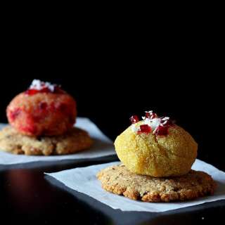 Mango and Beet Halwa bites with Candied Beet Coconut Rice thins. vegan glutenfree option