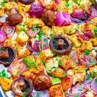 Skinny Sheet Pan Chicken with Mushrooms and Onions