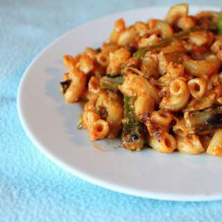 Elbows in Red Pepper Alfredo with Red Onion and Asparagus. Vegan.