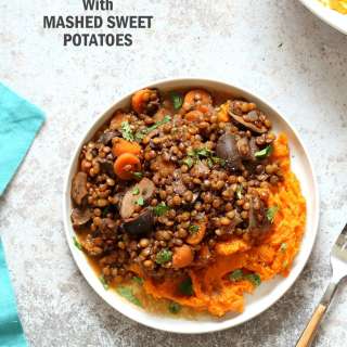 Instant Pot Vegan Lentil Mushroom Stew with Mashed Sweet Potatoes