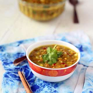Whole Red lentil and Mung bean Daal stew with shallots and tomatoes.(Sabut Masoor aur Mung)