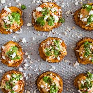 Pesto Hummus Sweet Potato Bites