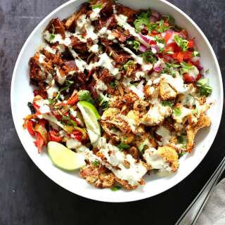 Chili Lime Roasted Veggies & Jackfruit Bowl with Jalapeno Cream Sauce